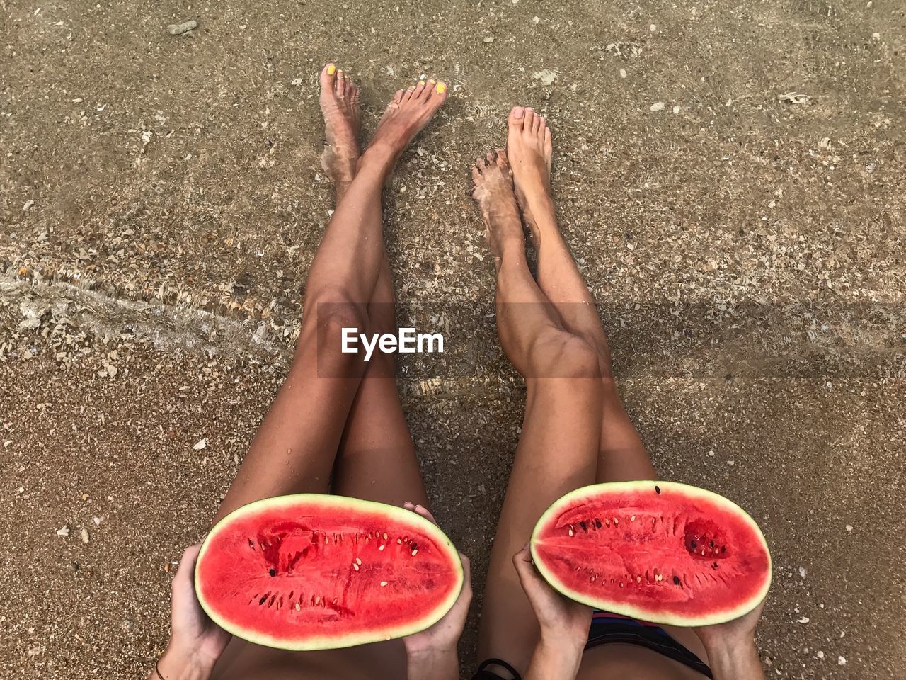 Low section of female friends eating watermelon on shore at beach