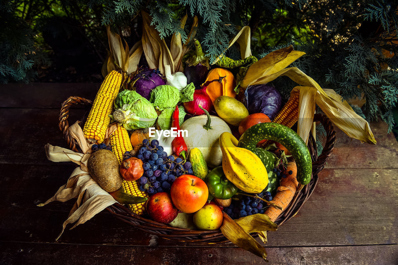 High angle view of fruits and vegetables in basket
