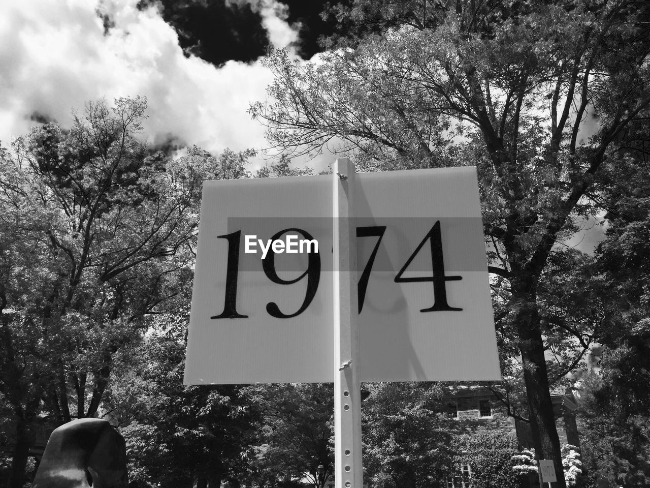 INFORMATION SIGN BY TREES AGAINST SKY