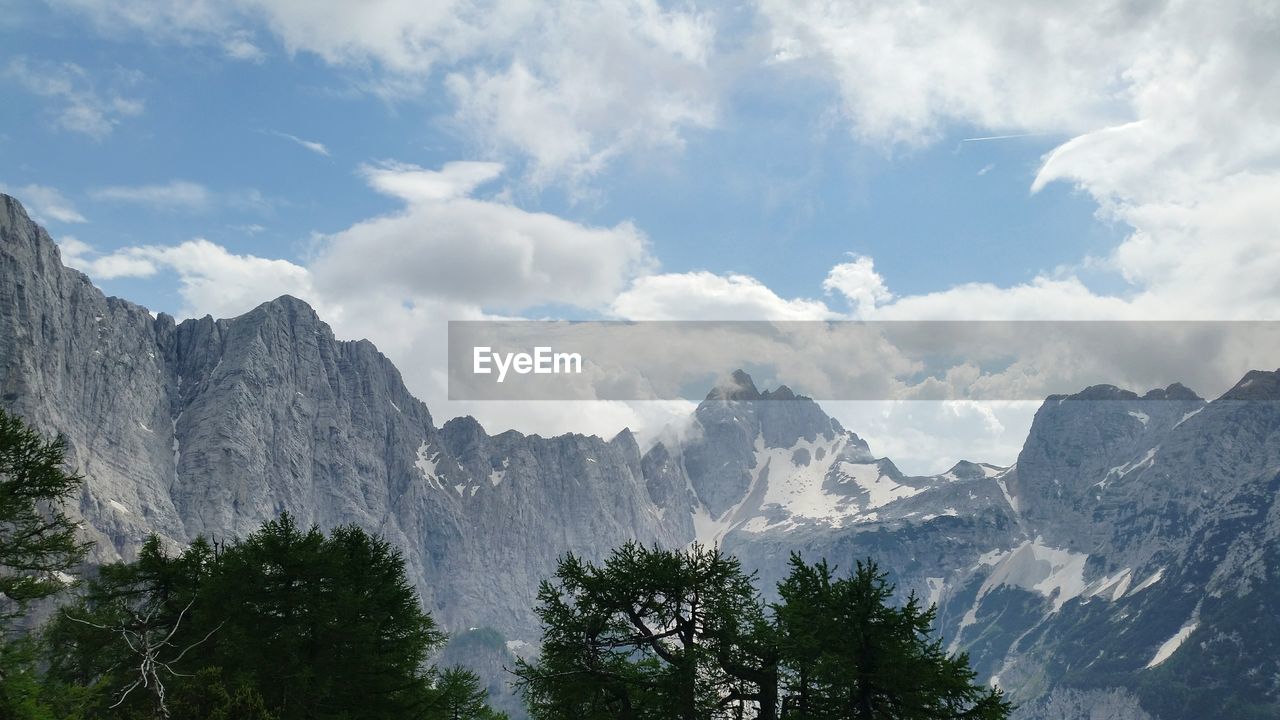 Panoramic view of trees and mountains against sky