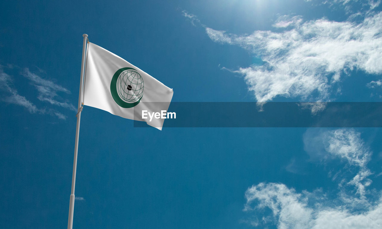 sky, blue, flag, wind, cloud, nature, no people, low angle view, environment, communication, outdoors, day