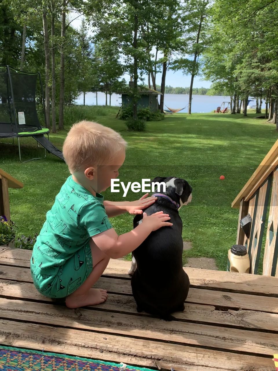 Full length of a boy petting dog