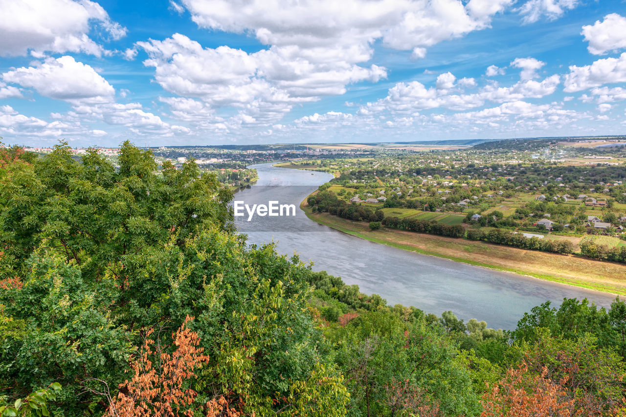 Scenic view of dnister river in moldova . aerial view of village situated at the riverside