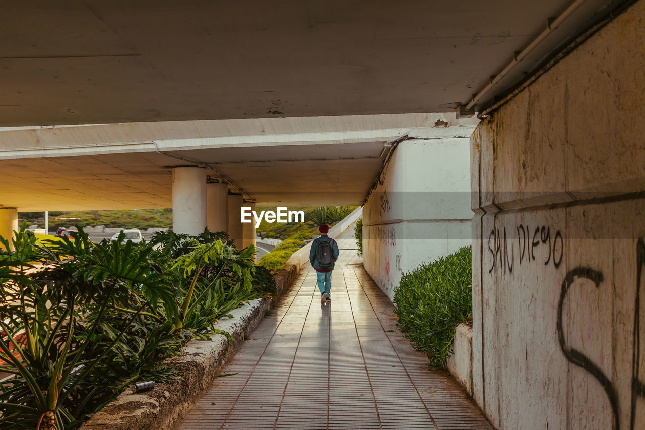 REAR VIEW OF MAN STANDING ON FOOTPATH