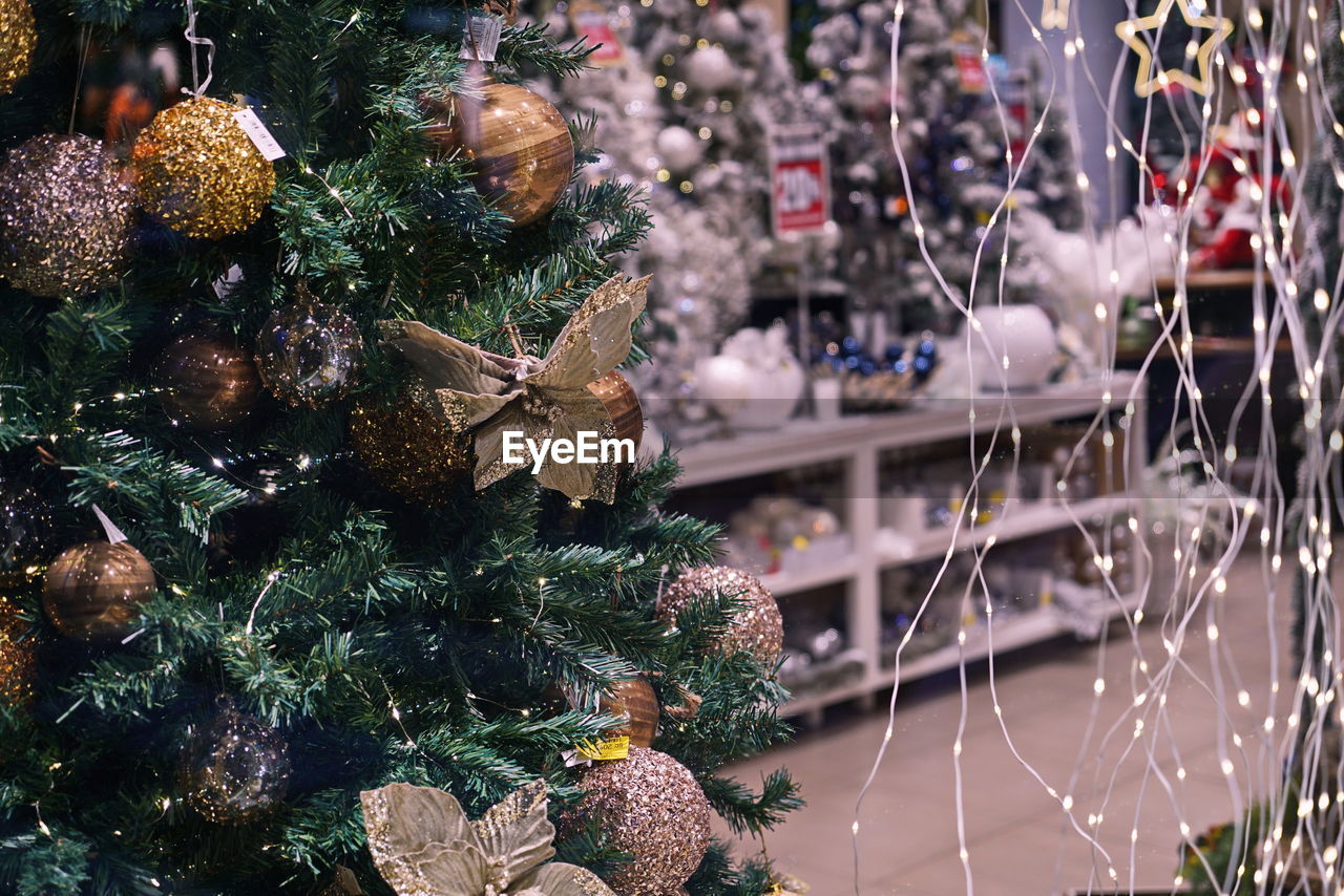 CLOSE-UP OF CHRISTMAS TREE IN SHOP