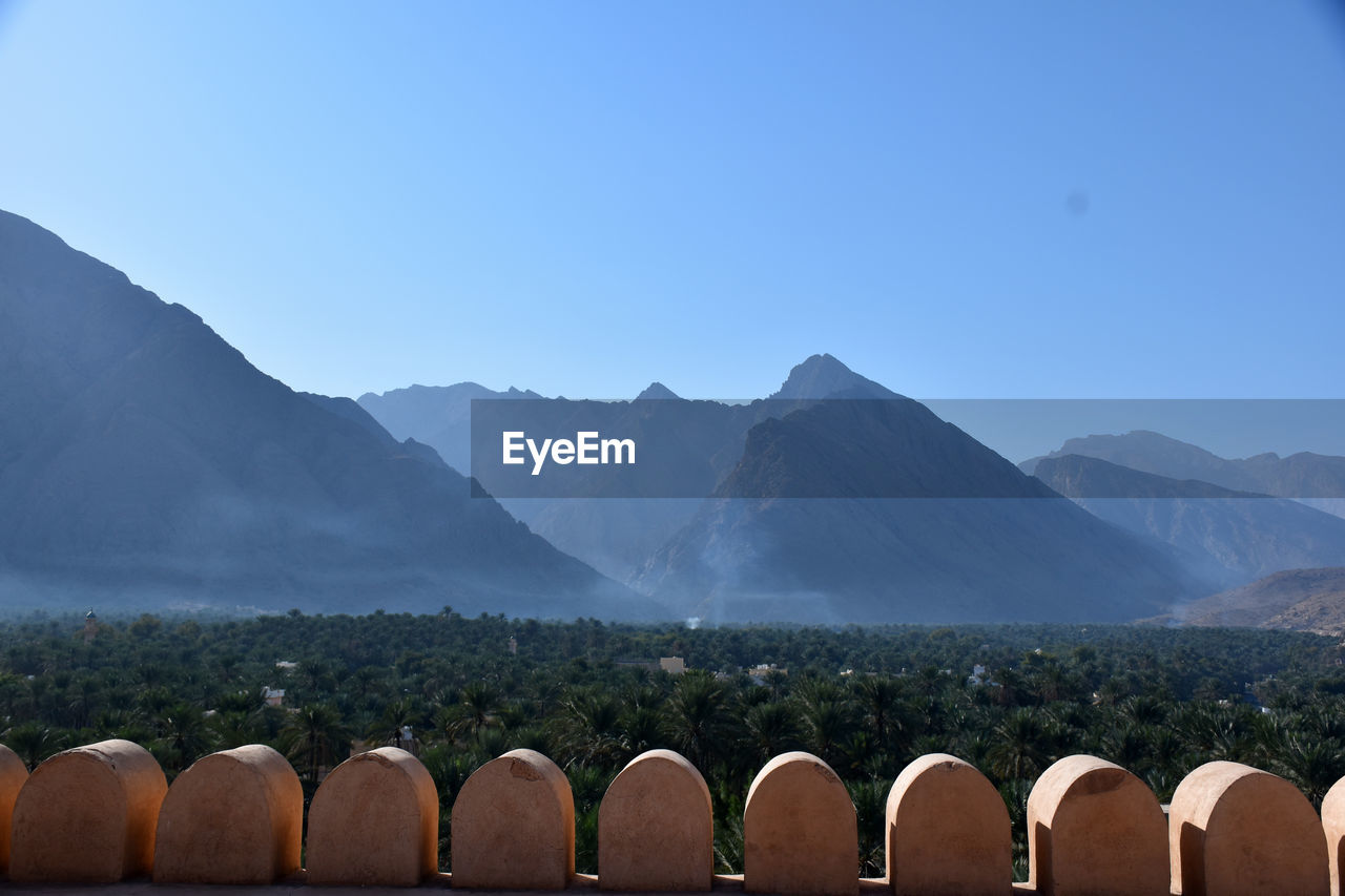 Panoramic shot of mountains against clear blue sky