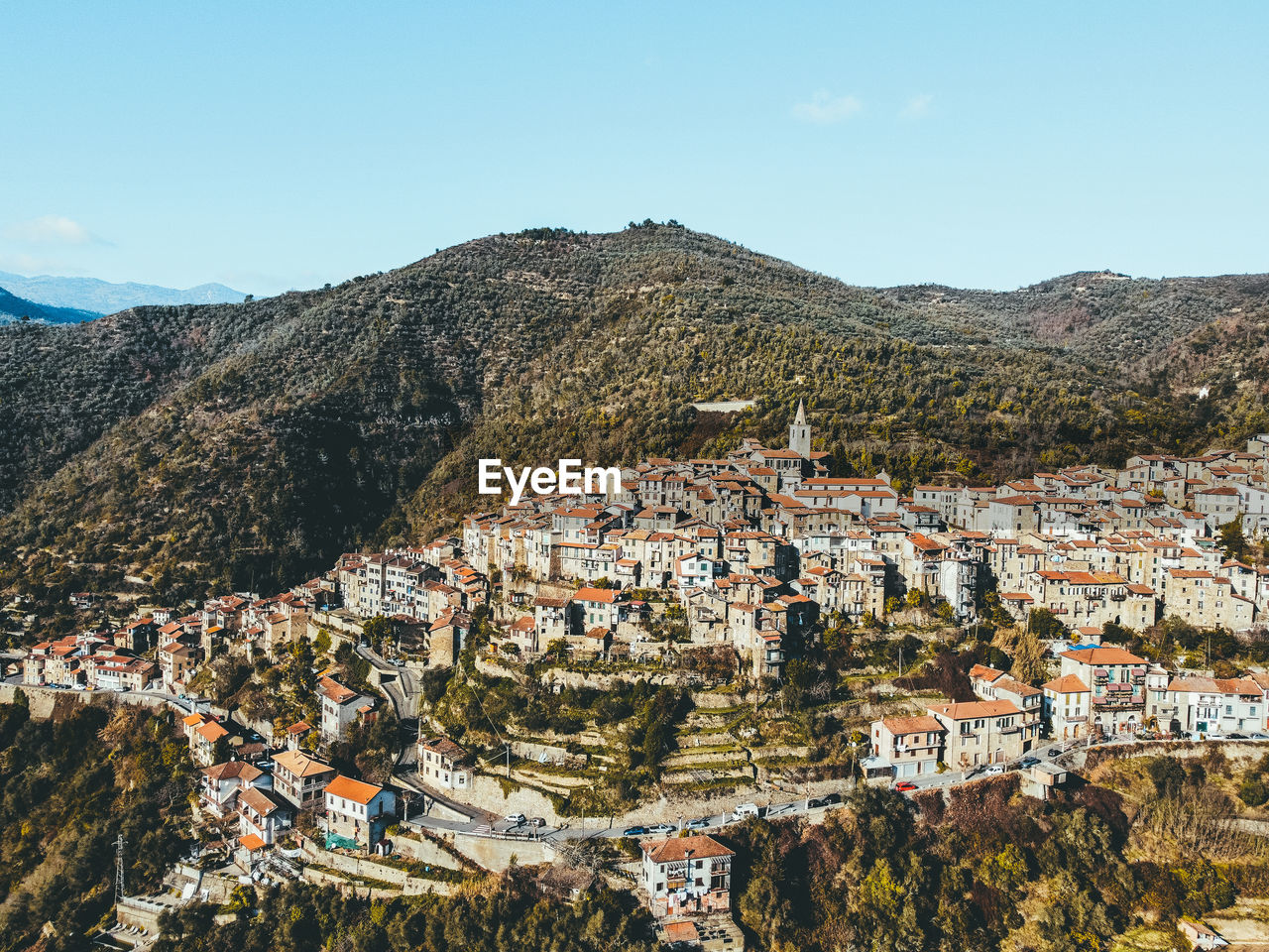 high angle view of townscape against clear blue sky