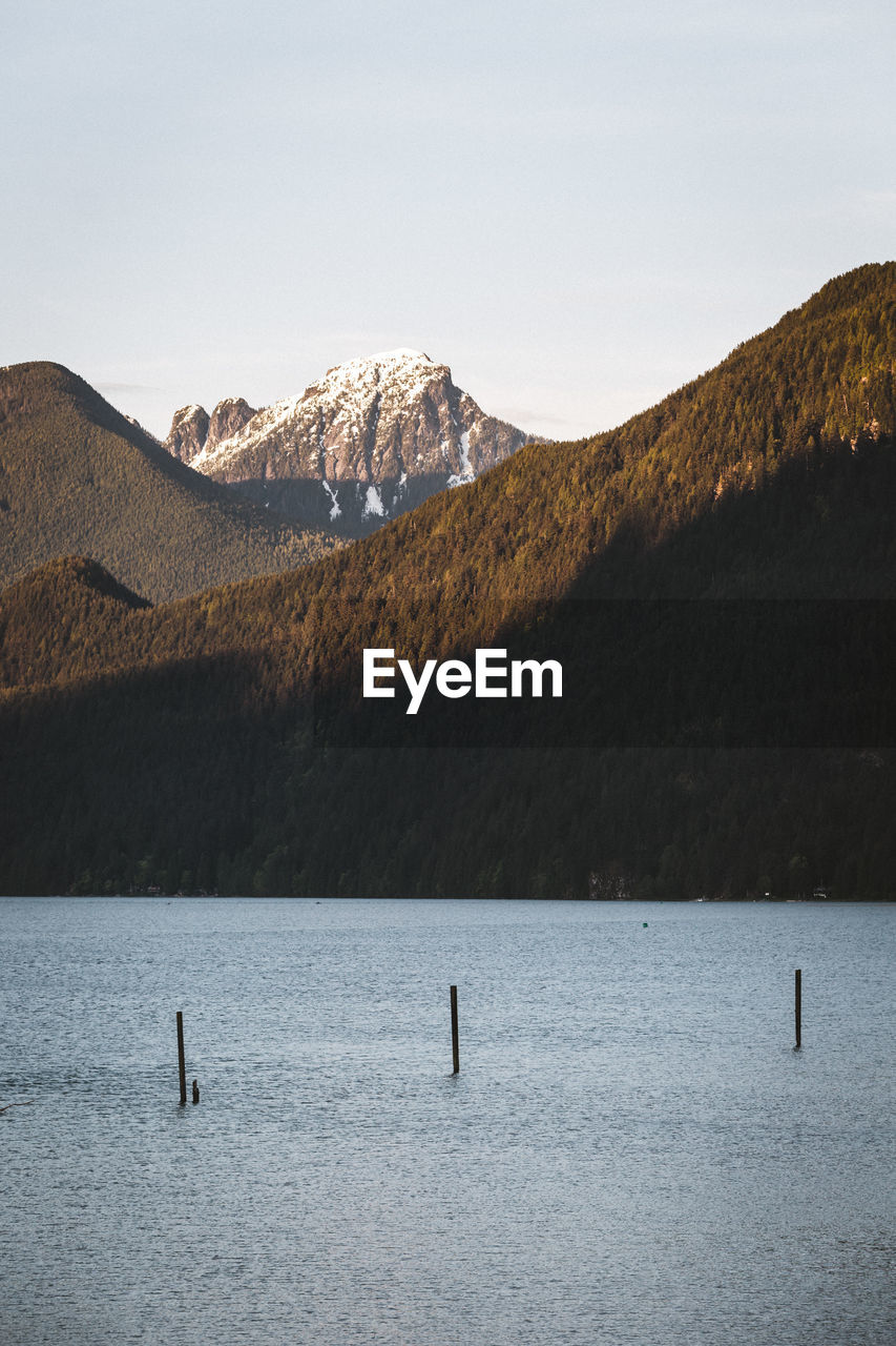 Scenic view of lake by mountains against sky