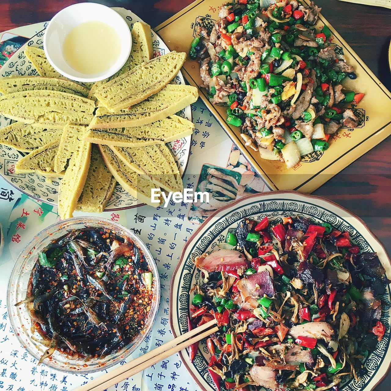 Close-up of chinese food served on table