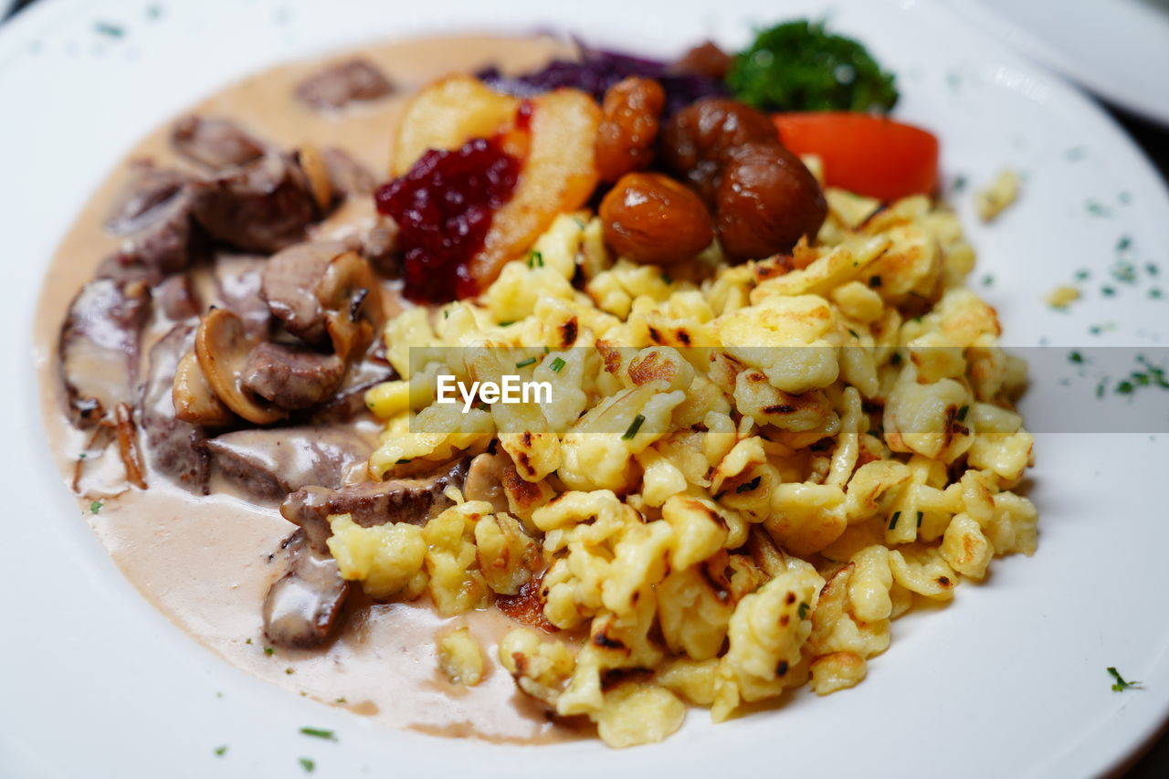 HIGH ANGLE VIEW OF BREAKFAST SERVED ON PLATE