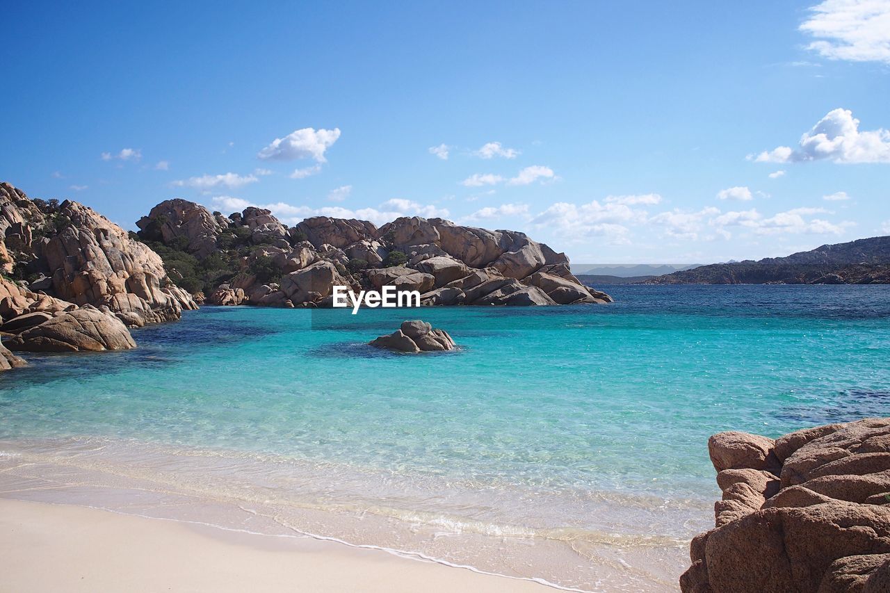 Scenic view of shore and sea against sky