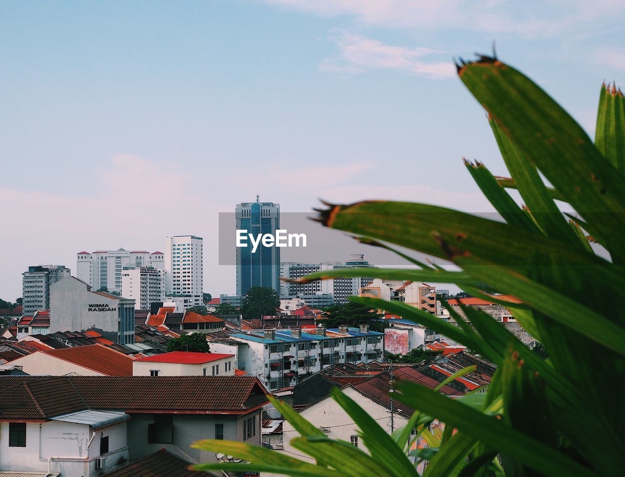 High angle view of buildings against sky