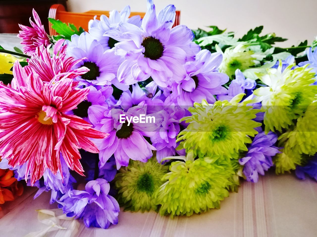 High angle view of purple flowers on table