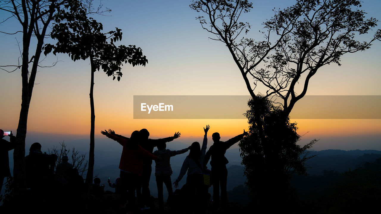 SILHOUETTE PEOPLE STANDING BY TREE AGAINST ORANGE SKY