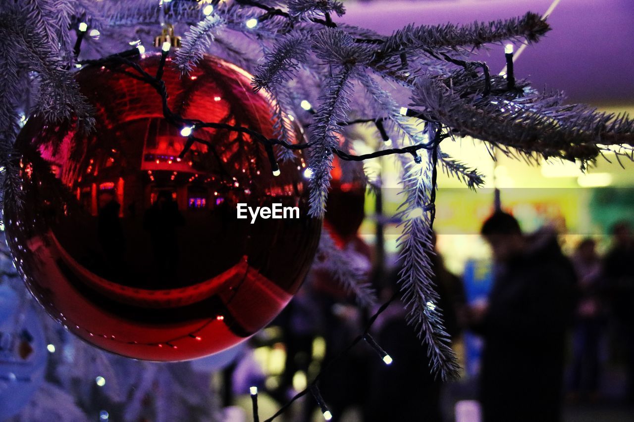 Close-up of red shiny ornament hanging on christmas tree