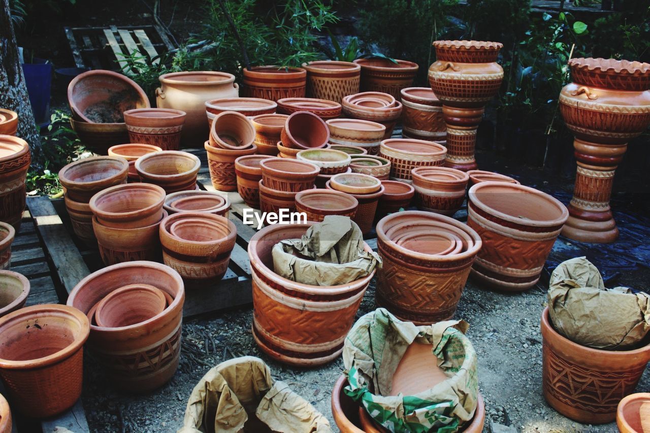 High angle view of earthenware pots