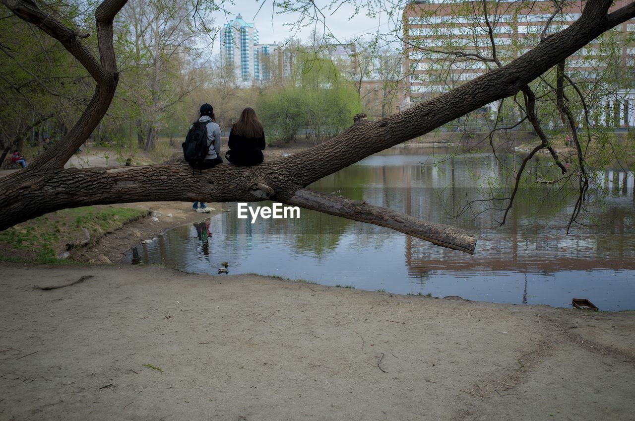 Man and woman sitting on tree in front of lake at park
