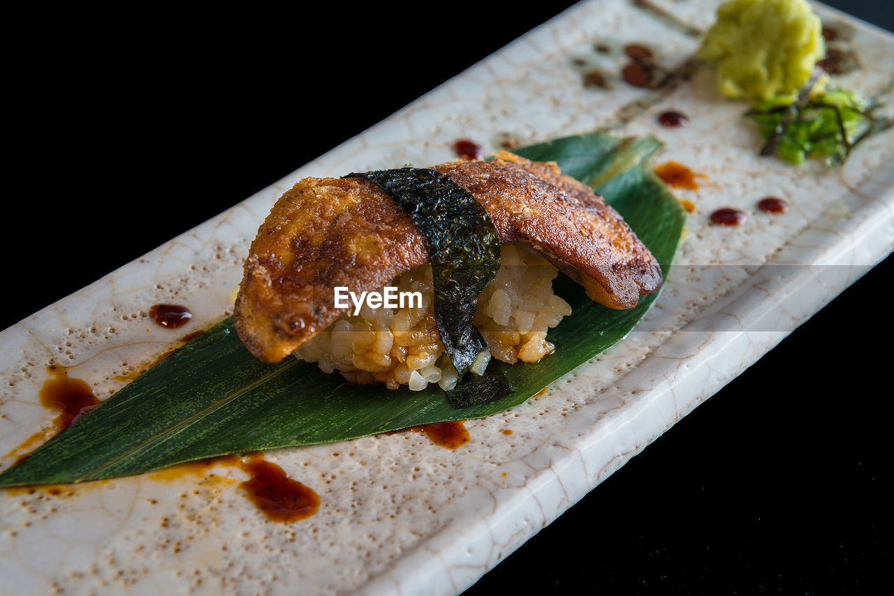 High angle view of fish on plate