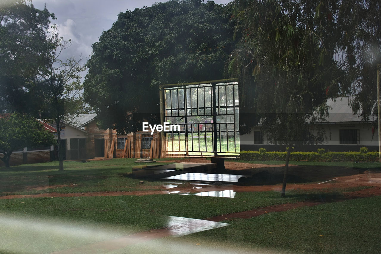 Reflection of trees in park on glass window