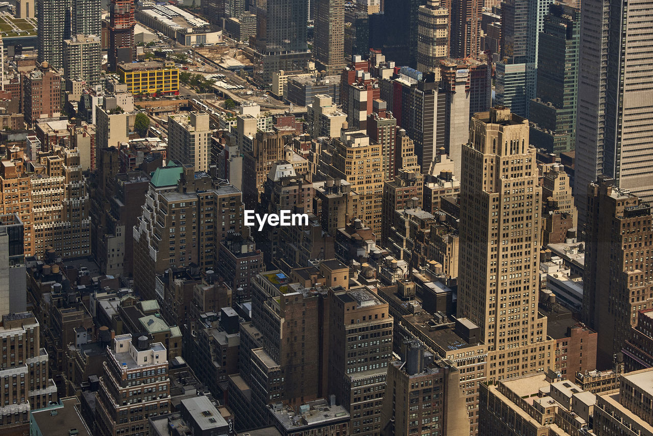 High angle view of modern buildings in city