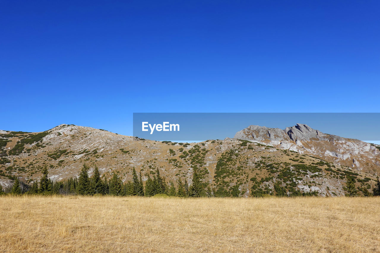 SCENIC VIEW OF LANDSCAPE AND MOUNTAINS AGAINST CLEAR BLUE SKY