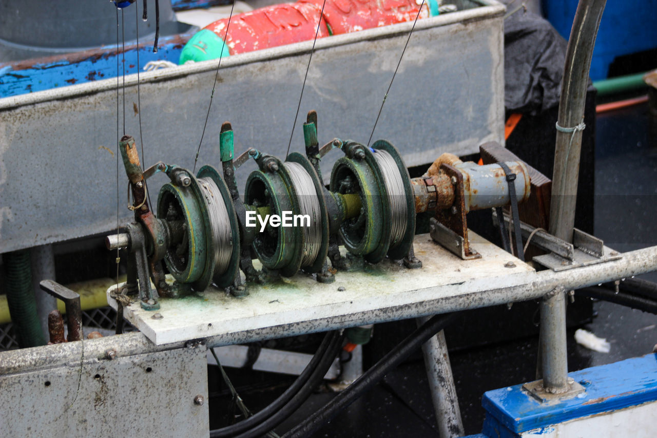 High angle view of string on pulley