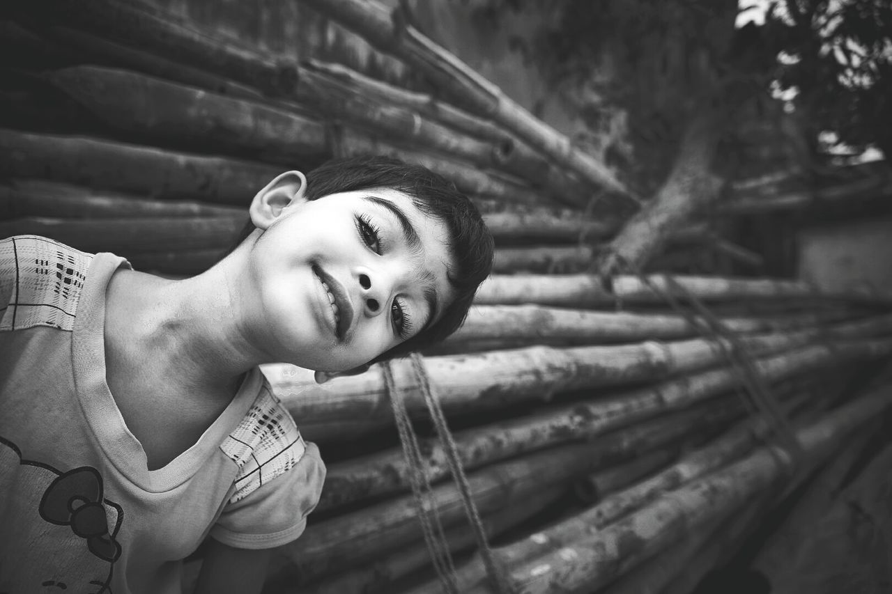 Portrait of cute boy against bamboo