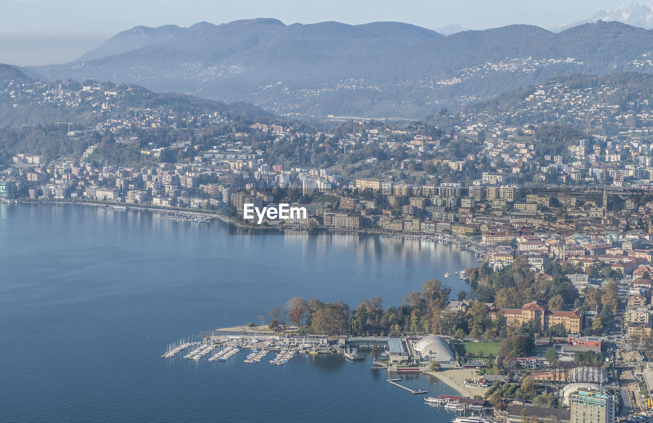 High angle view of river amidst buildings in city