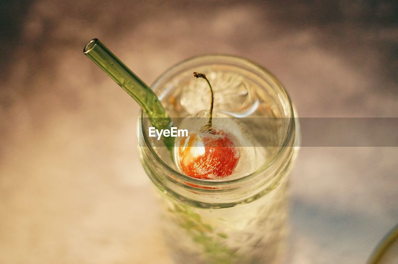 High angle view of drink in mason jar