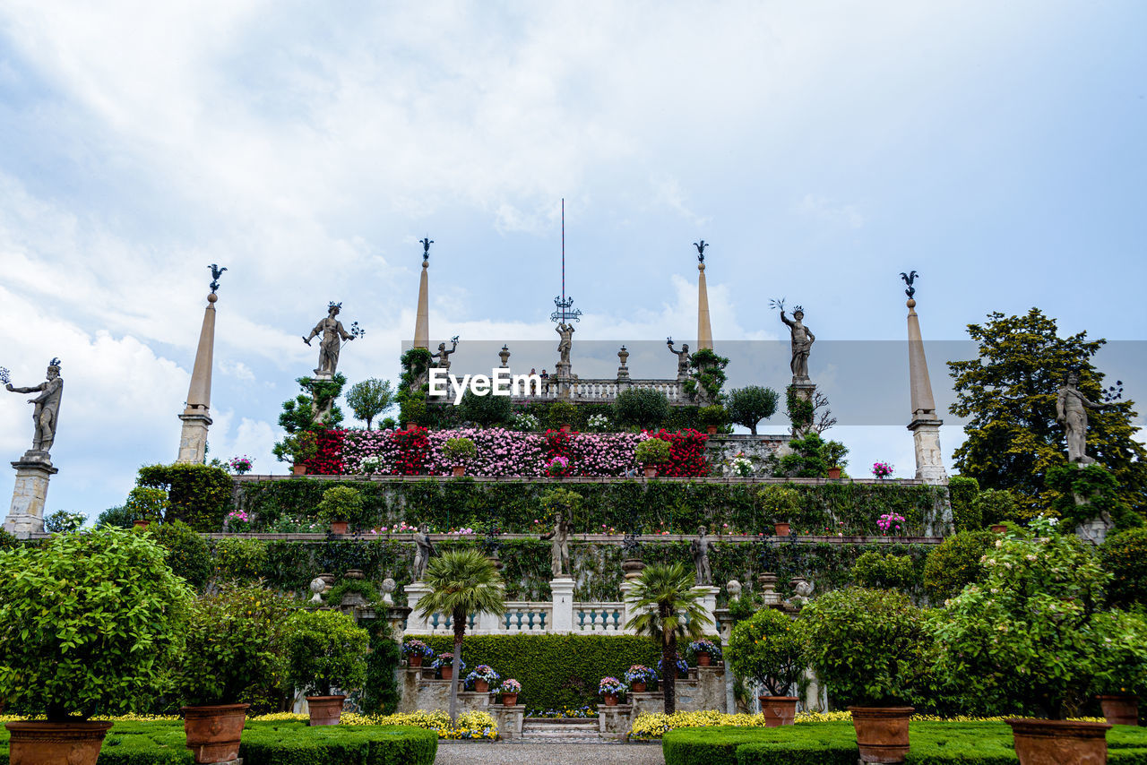 plant, sky, architecture, landmark, nature, cloud, flower, park, built structure, religion, tree, travel destinations, garden, outdoors, no people, cityscape, travel, building exterior, industry, belief, day, environment, city, formal garden, history, sculpture, urban area, business finance and industry, building, ornamental garden, town square, flowering plant, water