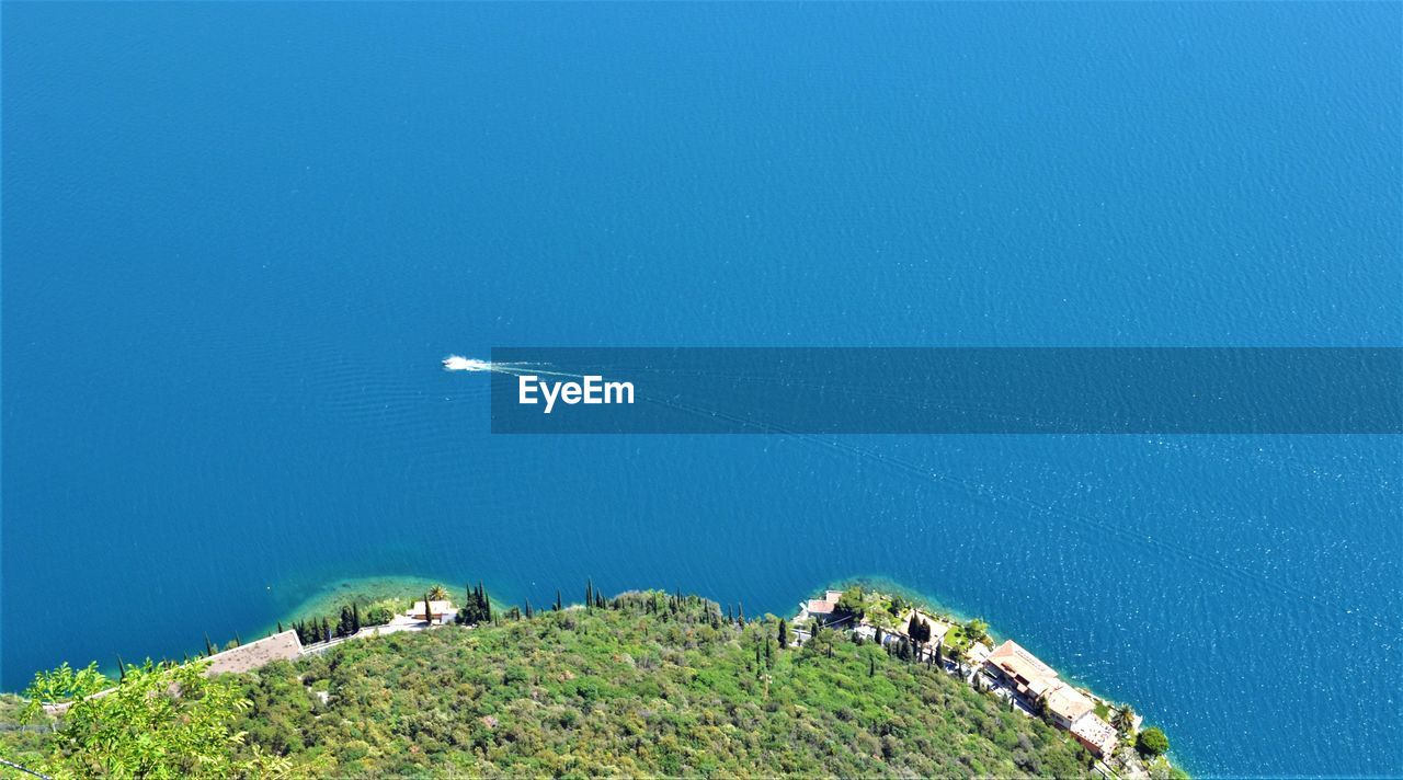 High angle view of beach against blue sky