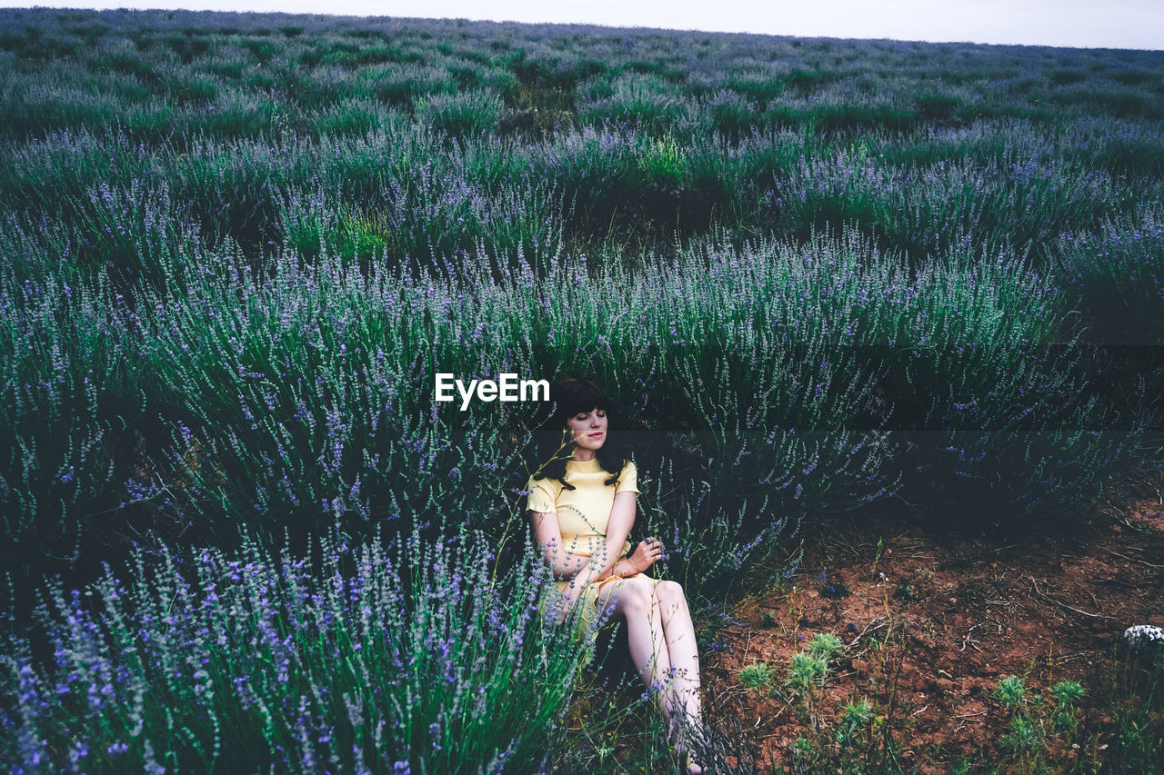 Young woman sitting on field by plants