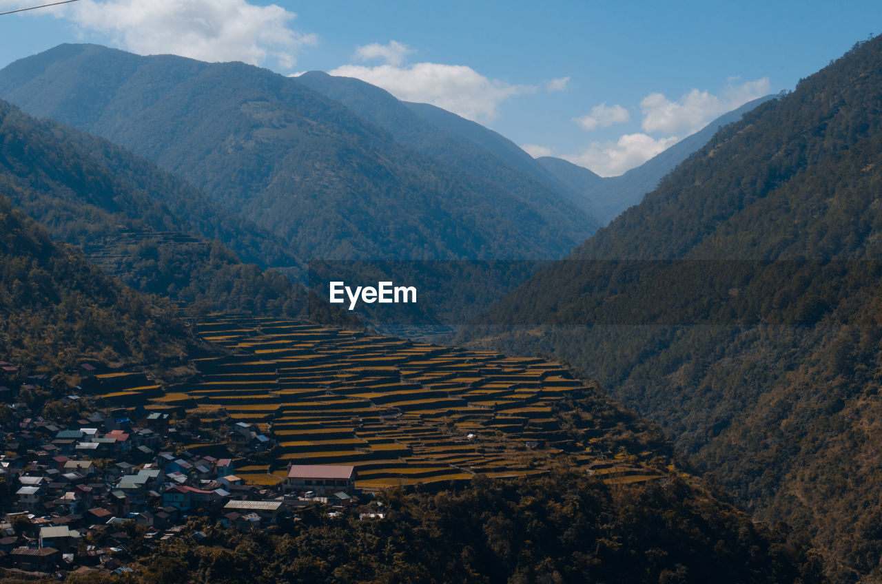 High angle view of mountain range against sky