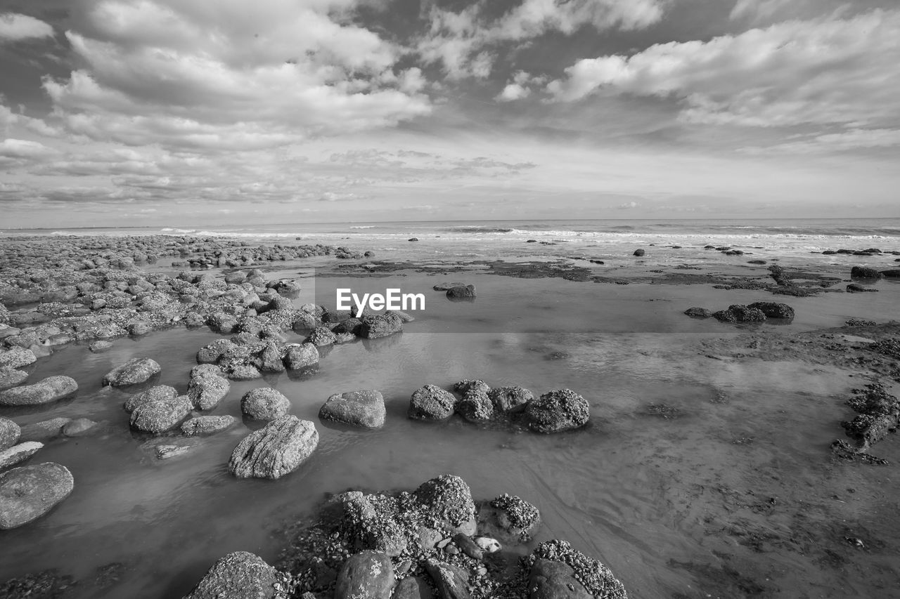 Scenic view of beach against cloudy sky