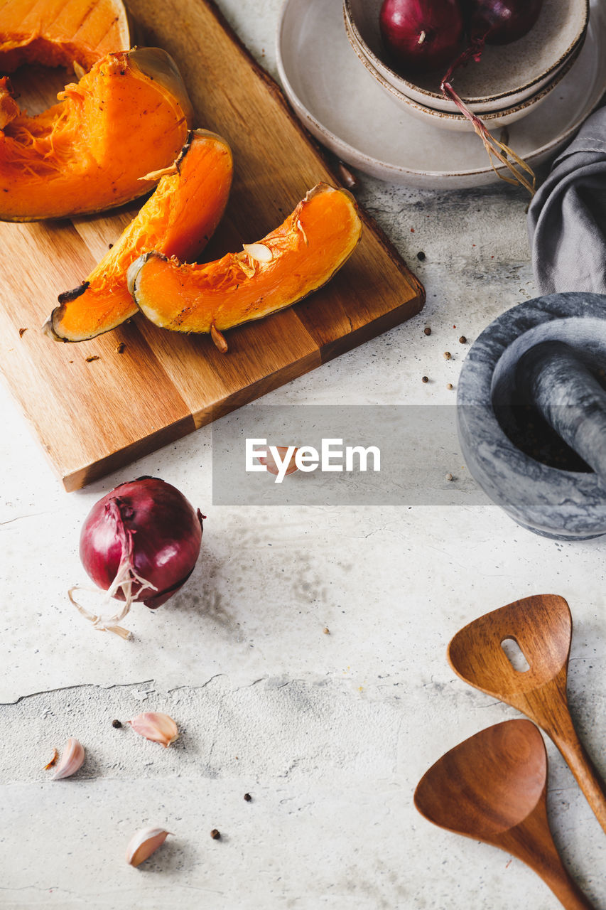 high angle view of food in plate on table