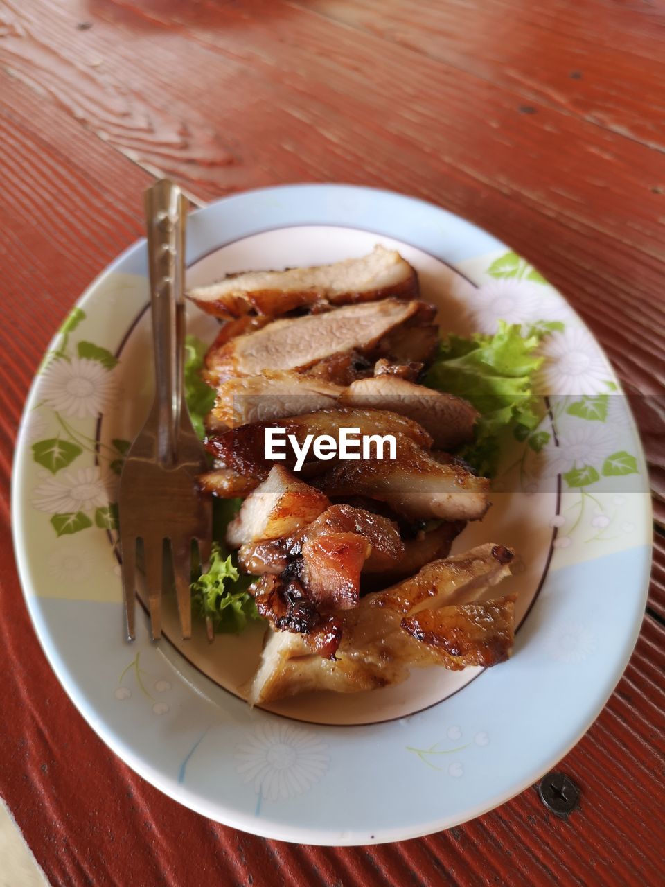 high angle view of food served in plate on table