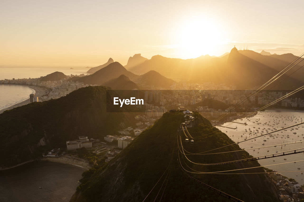 Beautiful sunset city view to the sugar loaf mountain cable car