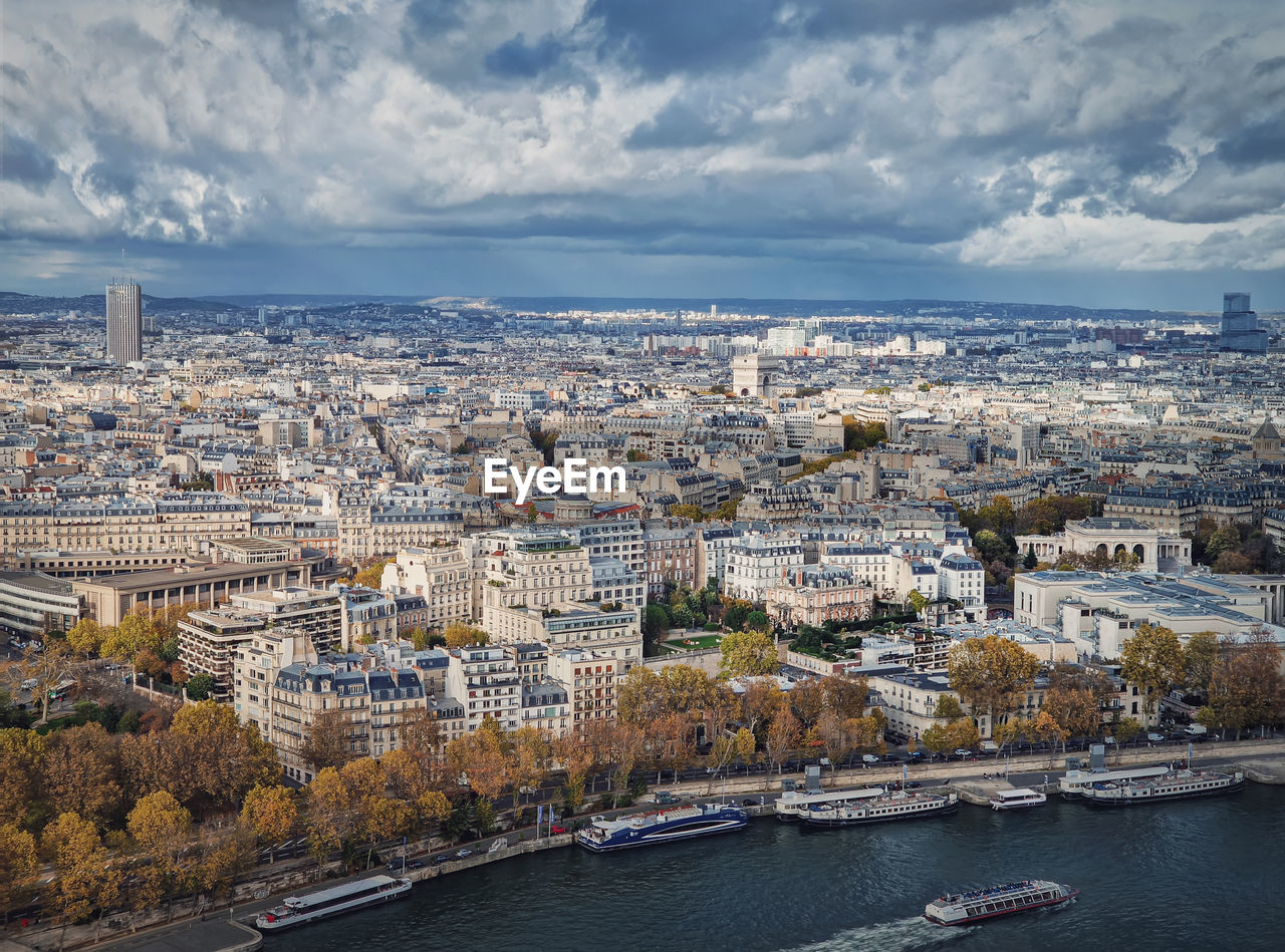 Paris city aerial sightseeing view over the seine river. beautiful seasonal panorama with colorful