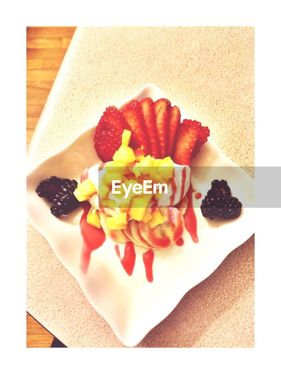 High angle view of fruits served on table