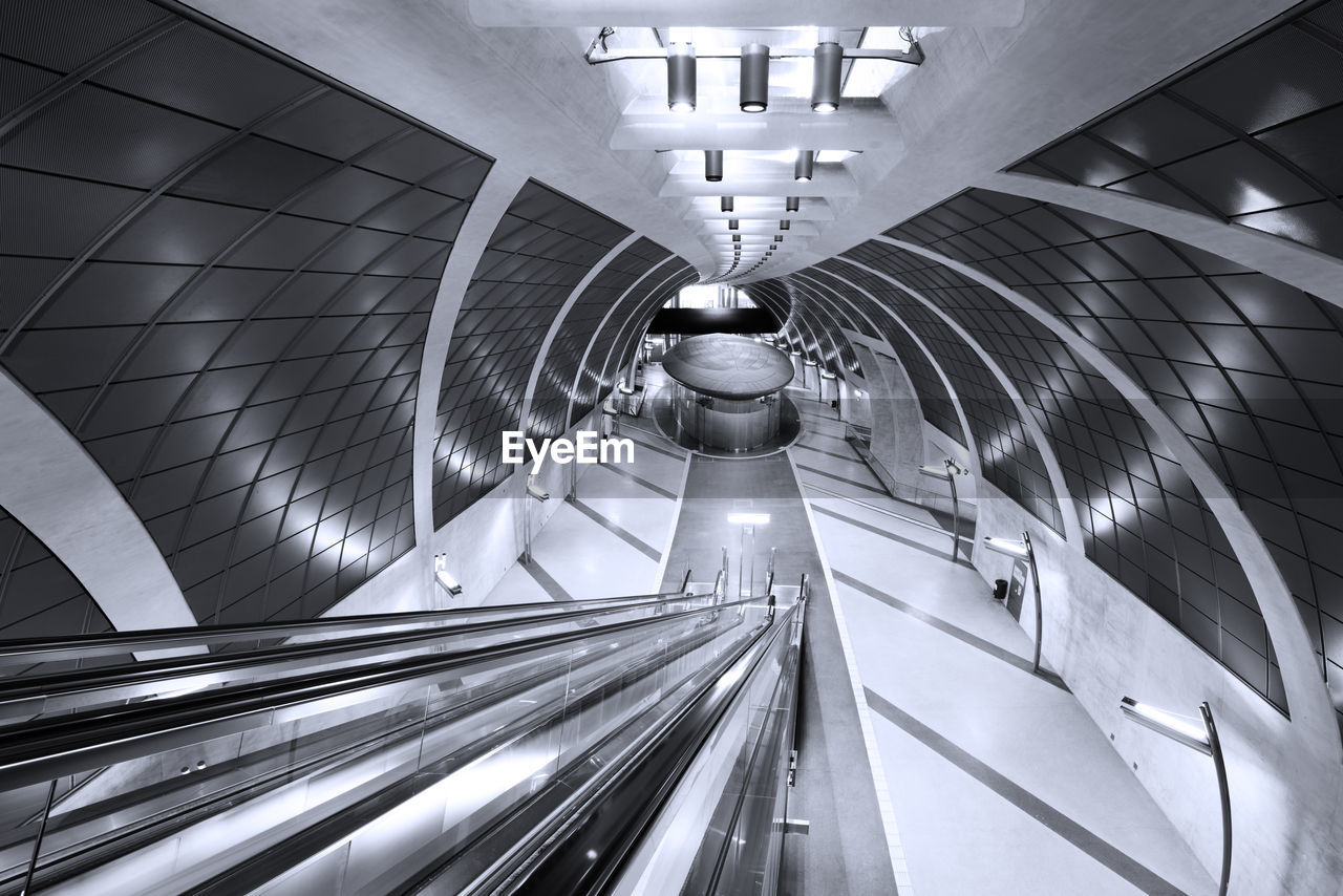 High angle view of escalator in modern subway station