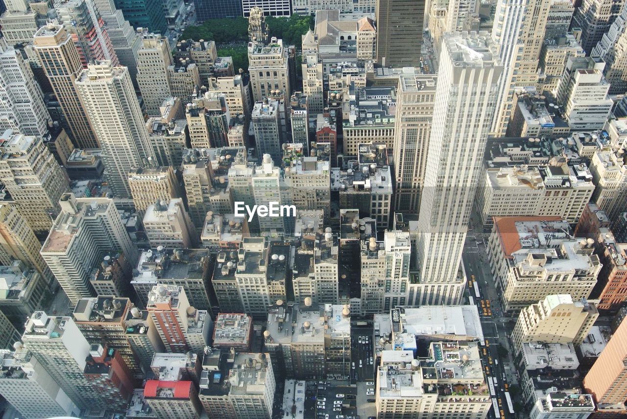 High angle view of modern buildings in city