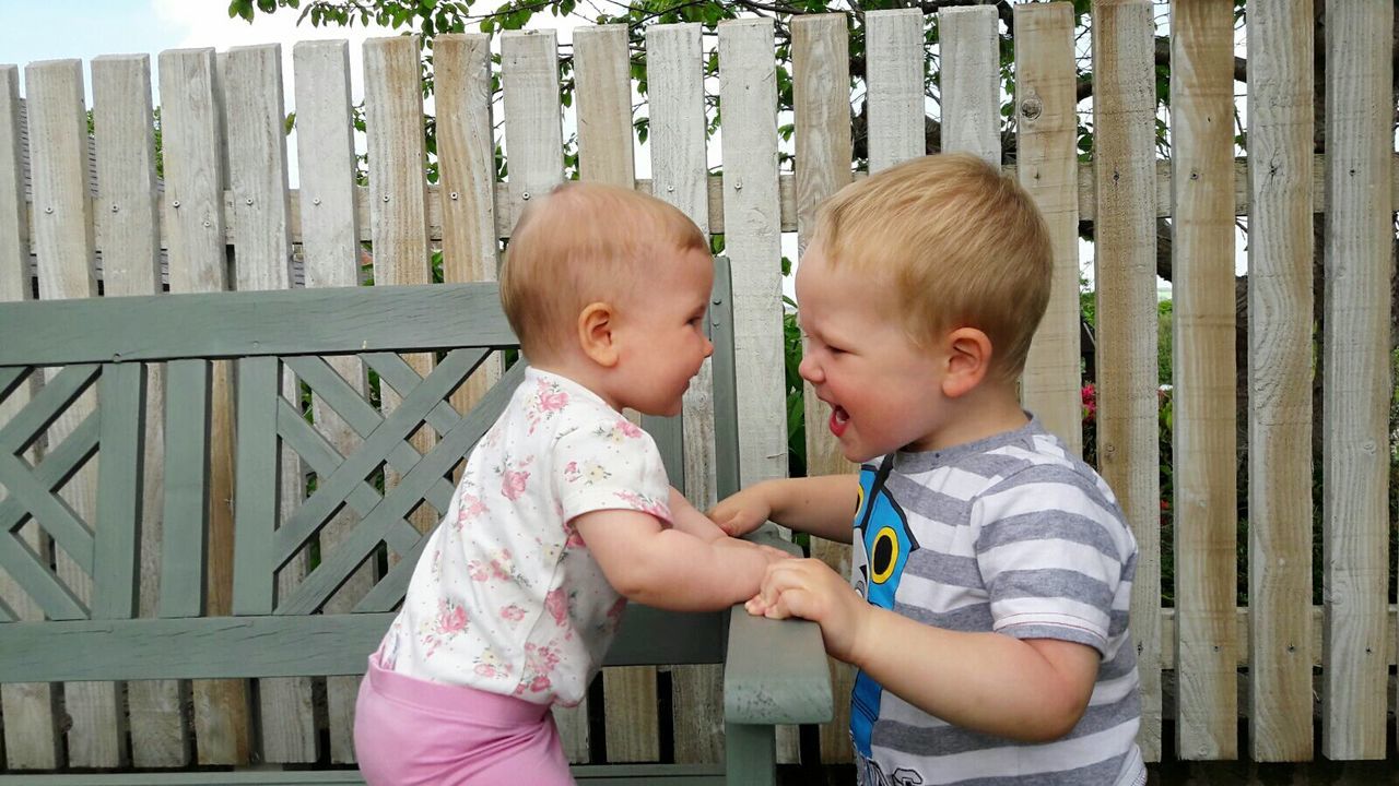 Playful siblings on wooden bench by fence