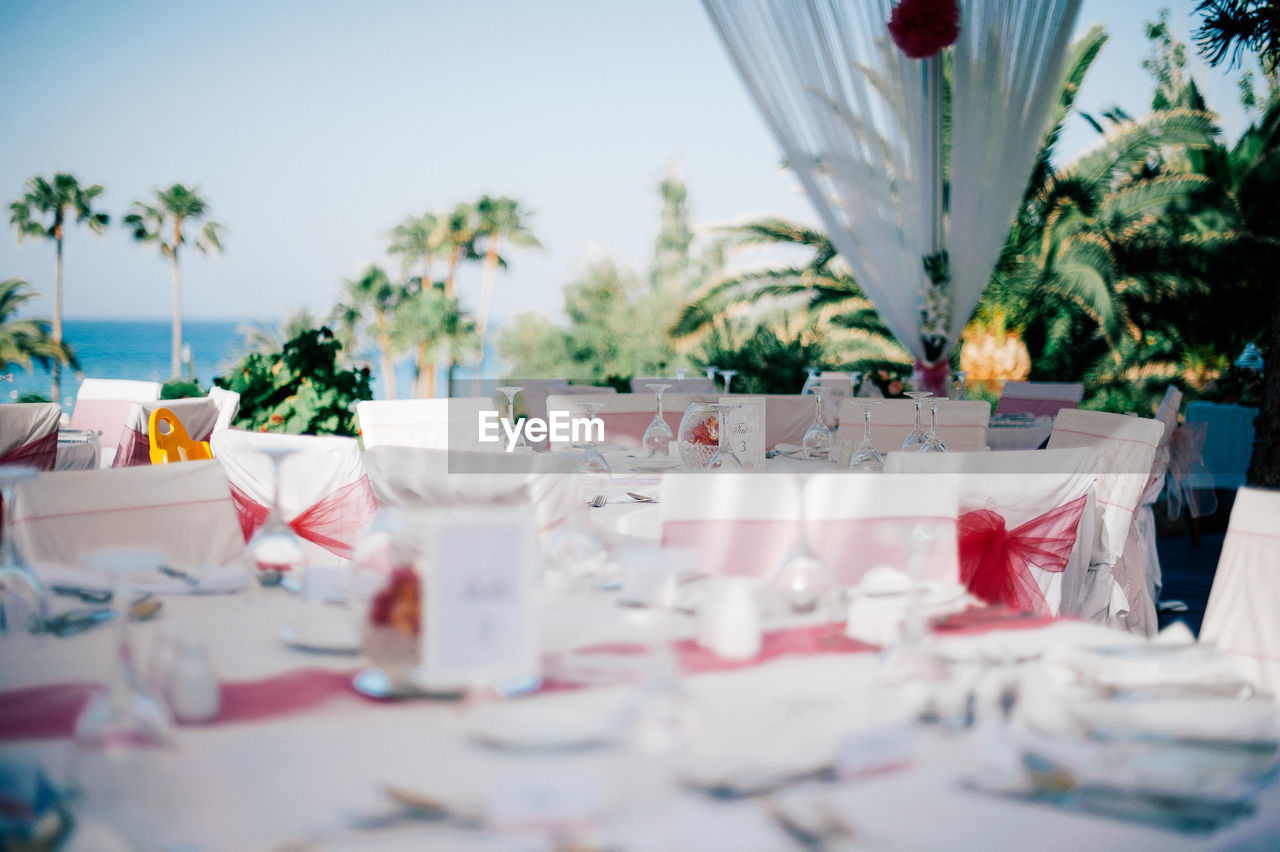 Decorated tables at wedding ceremony