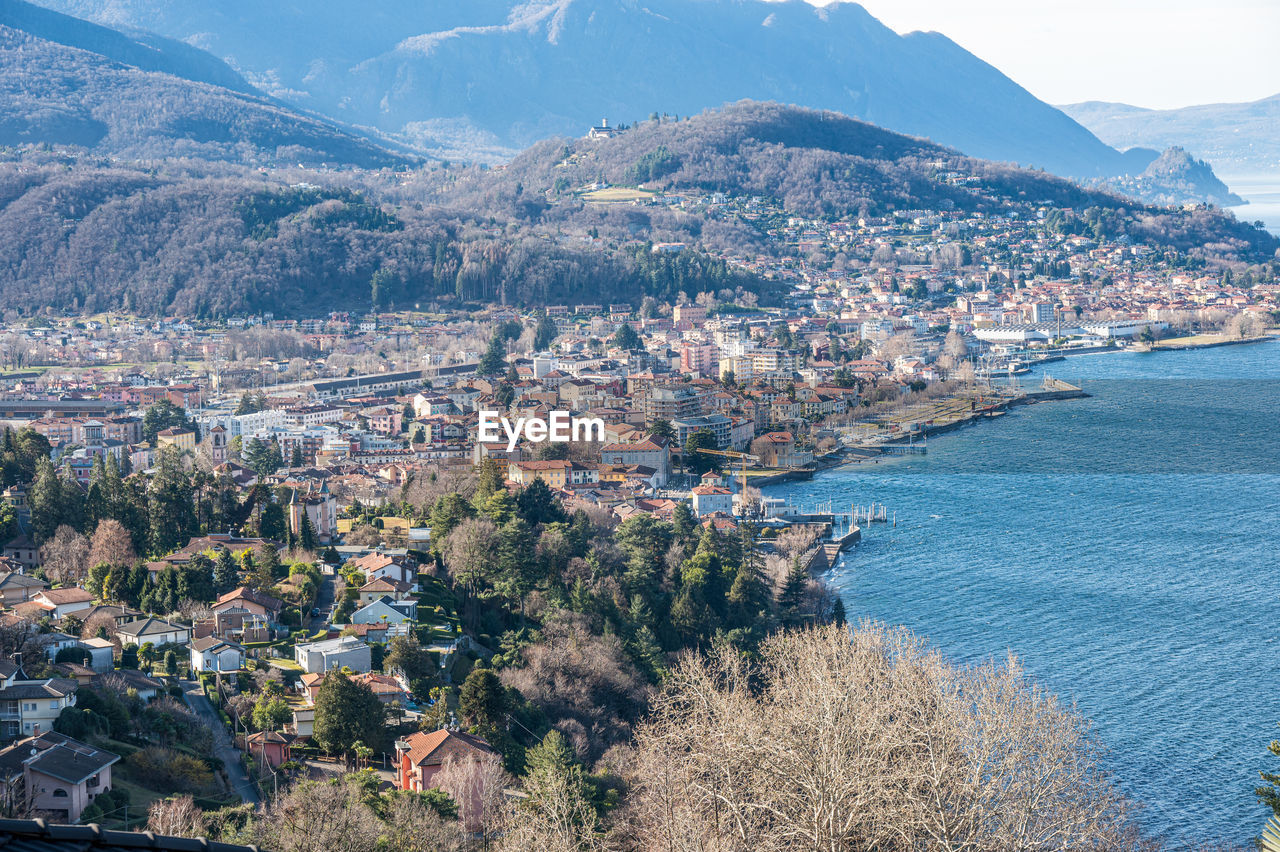 Aerial view of luino and the lake maggiore