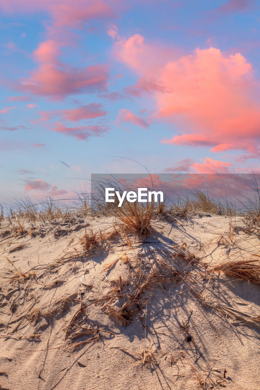 Sunset sky over dunes at lighthouse beach on a sunny day in winter