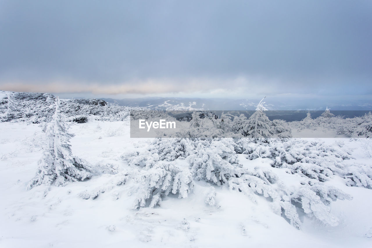 Snow covered landscape against sky