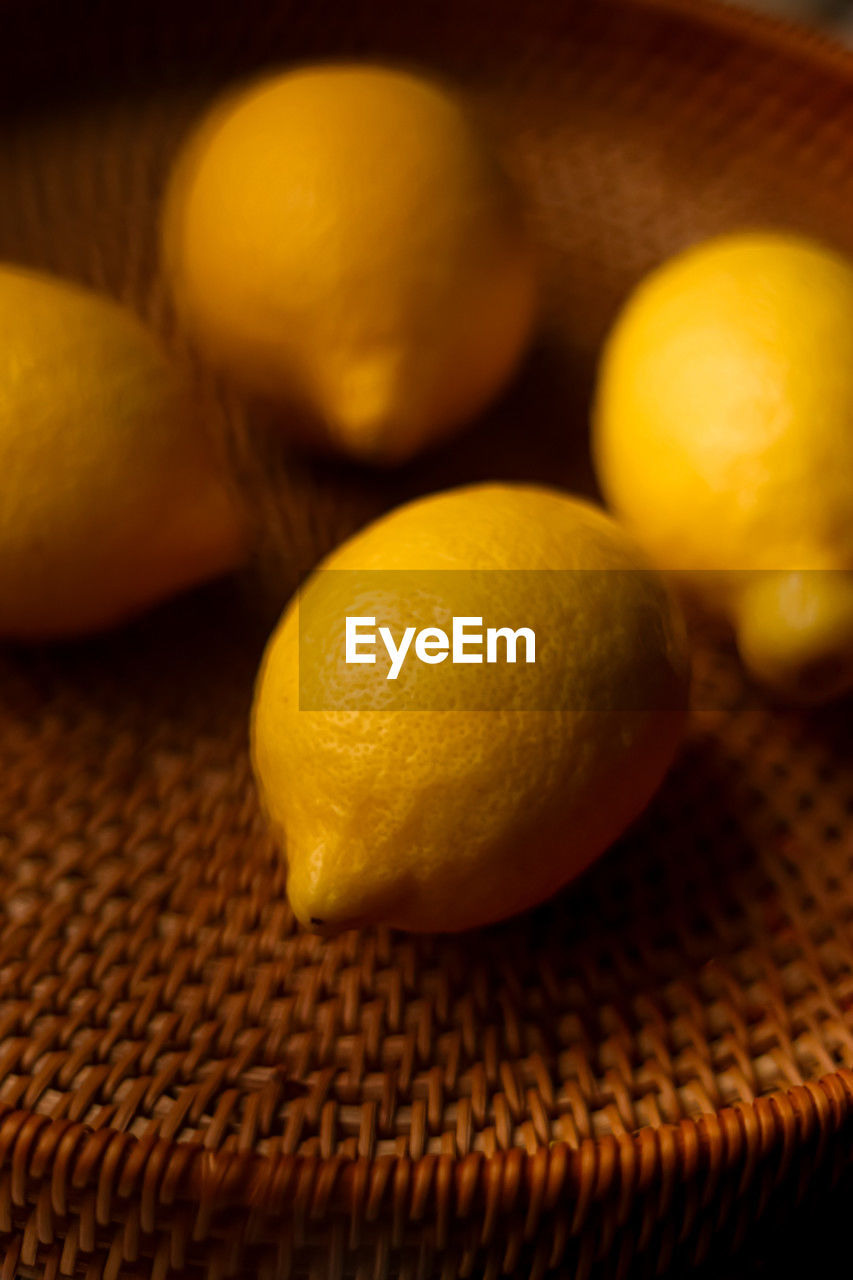 close-up of lemon slices on table