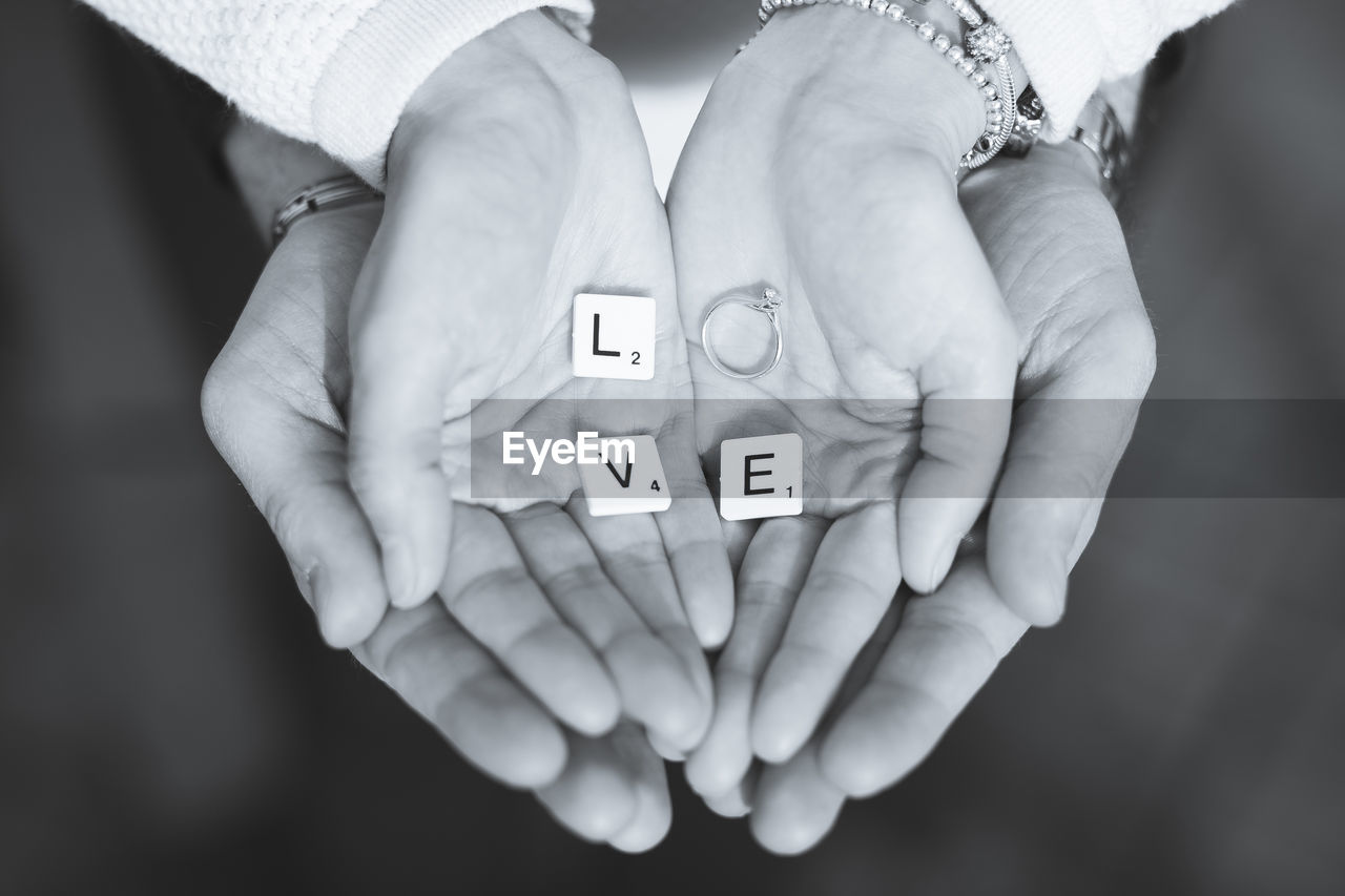 Cropped hands of couple holding love text with wedding ring
