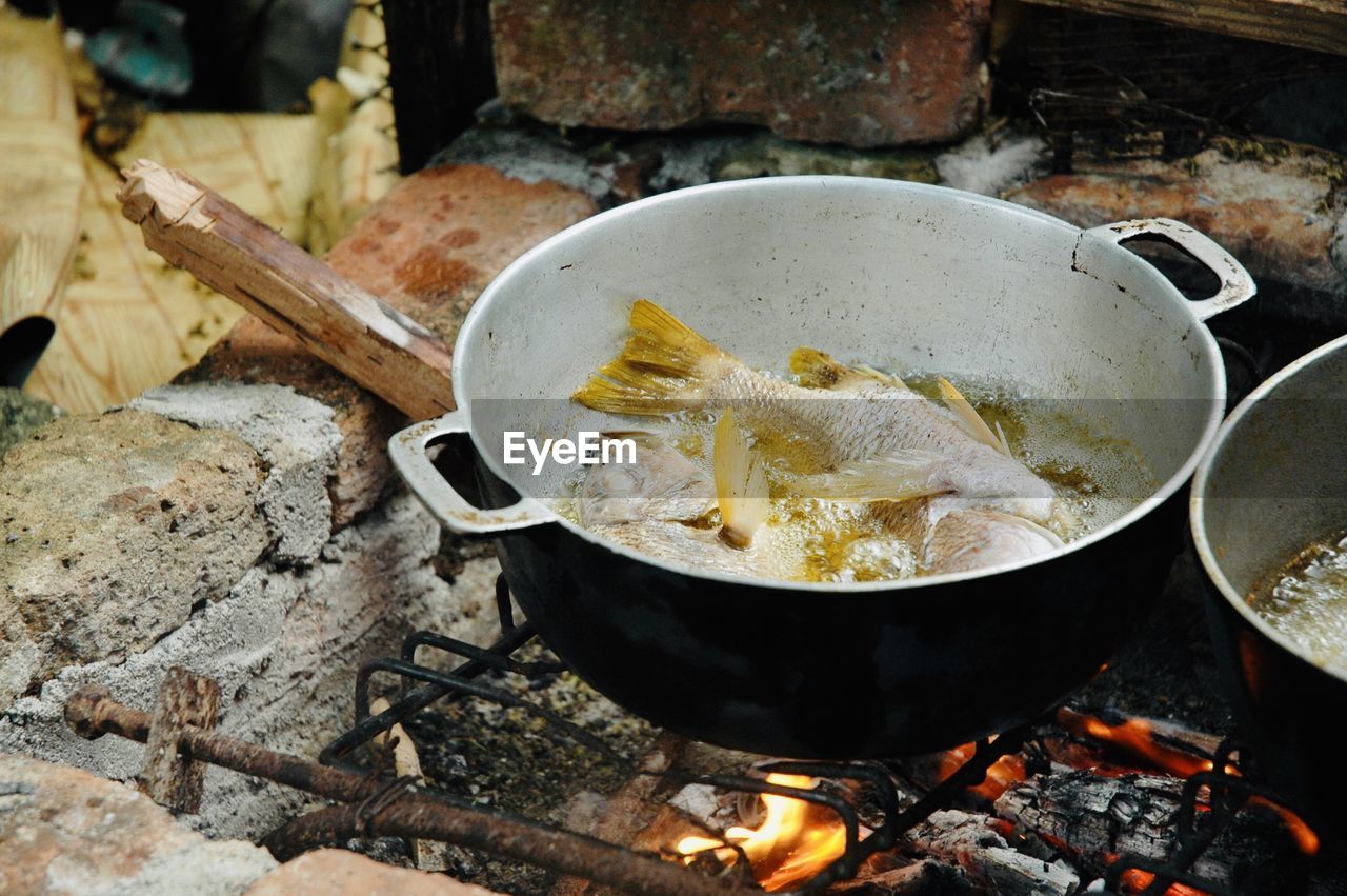 high angle view of food on barbecue grill