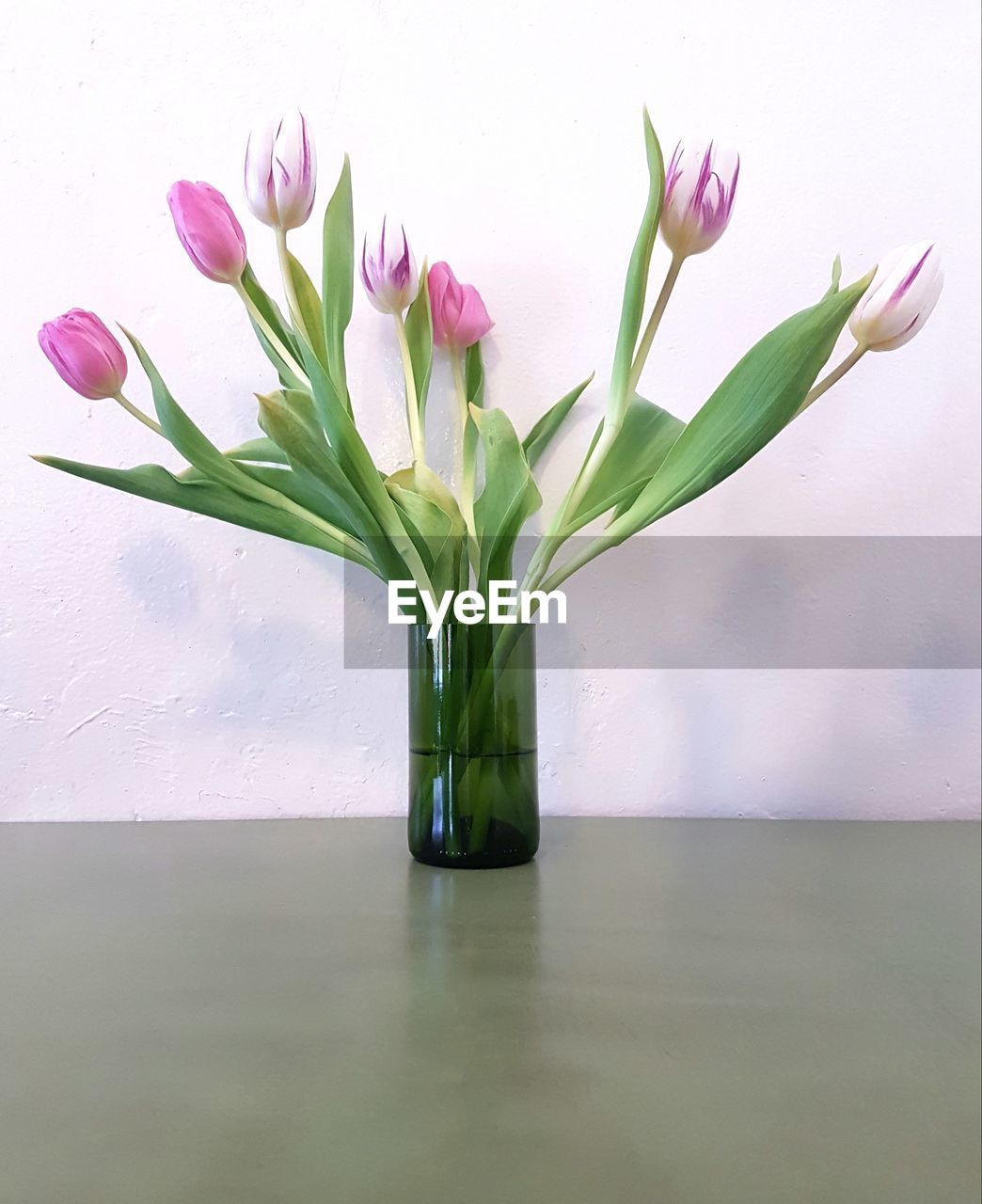 CLOSE-UP OF FLOWER VASE ON TABLE AGAINST WALL